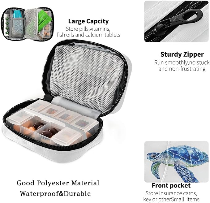 Fustylead Watercolor Hand Draw Blue Sea Turtle Pill Organizers 2 Times A Day Pill Case Bag with Zipper Portable Weekly Pill Dispensers for Vitamin Supplement