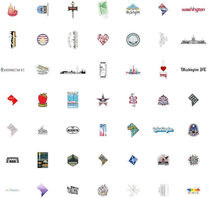BulbaCraft 100Pcs Washington DC Stickers for Water Bottle and Laptop - Washington DC Party Supplies & Decorations, Waterproof Vinyl Decals, State Pride and Icon Stickers, Gifts for Women & Men