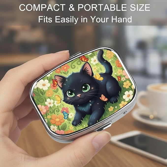 Square Pill Case Small Pill Box with Mirror Pocket 2 Compartment Vitamin Pill Medicine Case Organizer Pill Containers for Traveling Garden Cute Black Cat
