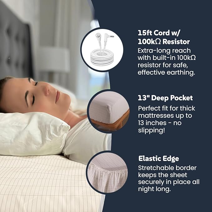 OKOHEY Grounding Fitted Sheets with 15ft Earthing Cord, Twin XL Size, 90% Organic Cotton + 10% Silver Fiber, Soft & Breathable Grounded Sheet for Better Sleep and Enhanced Wellness, Off White