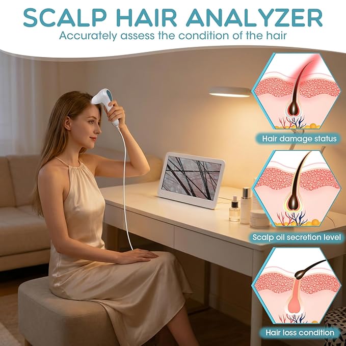Skin Analysis Machine, 12 Inch LCD Screen Rechargeable Digital Scalp Camera for Hair Analysis, 50x/200x Dual Heads, Skin Health Detection Use for Home, Salon and Spa
