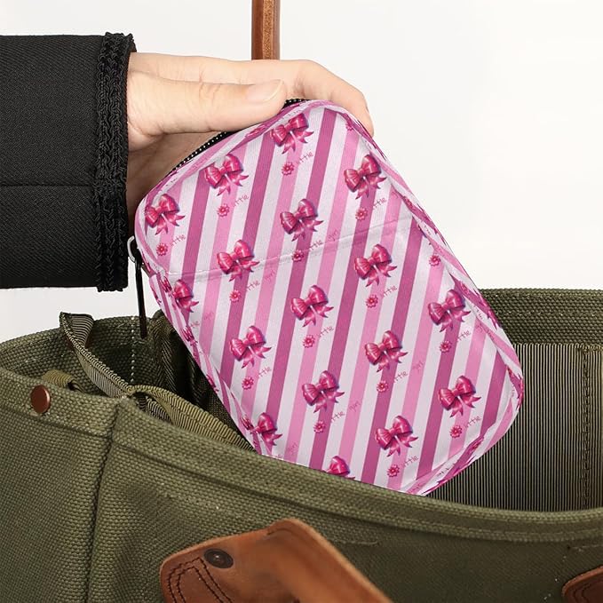 Pink Bow Diagonal Stripes Travel Pill Organizer Box Weekly Portable Pill Case Daily Pills 7 Day Small Birth Control Pills Container Removable Compartments for Medicine Vitamins Fish Oil