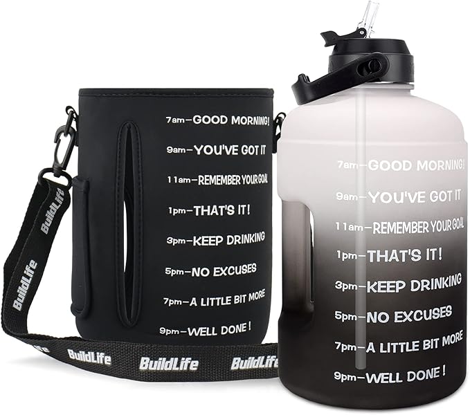 QuiFit 1 Gallon Water Bottle - with Straw & Motivational Time Marker Leak-Proof BPA Free Reusable Gym Sports Outdoor Large(128OZ/73OZ) Capacity Water Jug