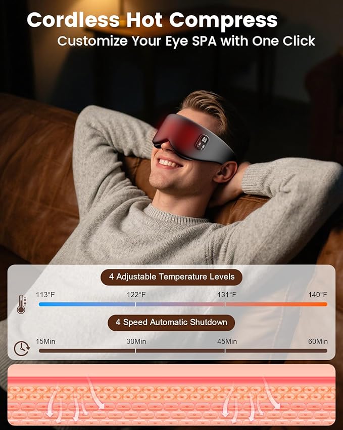Anydance Heated Eye Mask - Cordless Eye Mask for Dry Eyes, Eye Relief, Improved Sleep, Timed Shutdown, 4 Temperature, Washable Eye Heating Pad for Travel, Removable for Cleaning - Black