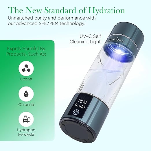 Wellness Frequency Hydrogen Bottle - Up to 4000+ PPB with UV Light Cleaning Technology and Wireless Charging Pad - Electric Water Bottle - Featuring 10 OZ Portable Capacity - SPE PEM Tech