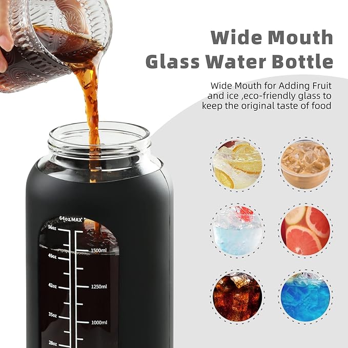 Glass Water Bottle with Straw and Handle Lid Half Gallon Motivational Glass Bottle with Silicone Sleeve and Time Marker Large Reusable Sports Water Jug for Gym Home Workout