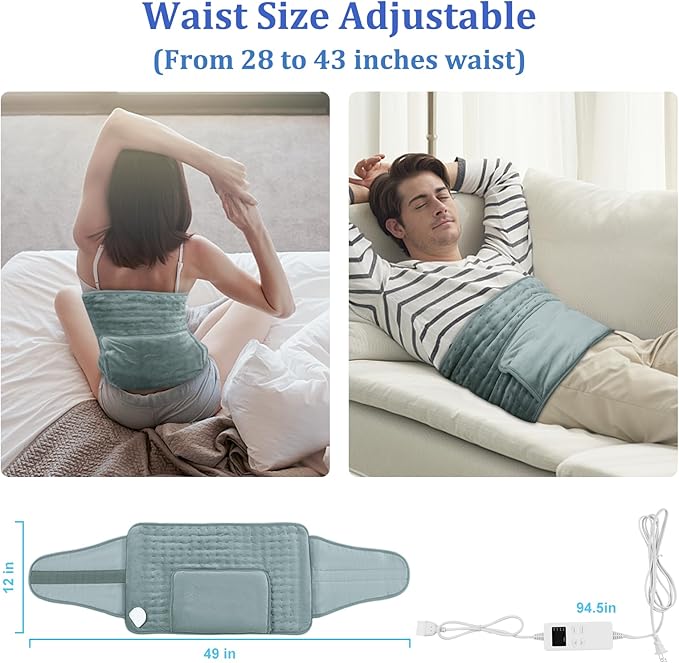Heating Pad for Back Pain Relief Period Cramps 6 Heat 6 Timer Auto Off Lower Back Abdominal Shoulder Feet Pain Relief, 12x24” Heat Pad+20“ Belt Women Girls Christmas Gift (Gray)