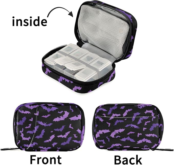 Ollabaky Pill Organizer Halloween Purples Bats Travel Pill Cases Bag Portable Pill Container 7 Days Pill Box Organizer Vitamin Supplement Holder for Family Business