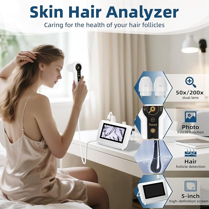 Skin Hair Analyze, Scalp Analysis Machine, 5 Inch LCD Screen Rechargeable Digital Scanner for Skin & Hair Analysis, 50x/200x DualHeads, Digital Scalp Health Detection Use for Home and Salon
