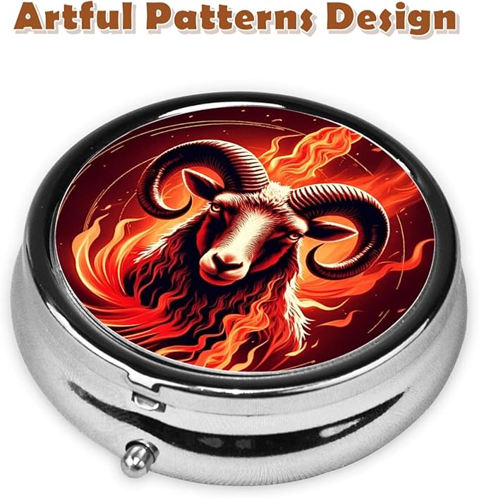 Metal Pill Organizer - 3-Compartment Mini Round Pill Case for Pocket & Purse, Portable Vitamin Holder, Easy-Open Design for Travel - Flame Sheep