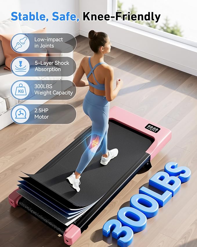 DeerRun Walking Pad Under Desk Treadmill with Incline, Quiet & Space-Saving Design for Home Office, 300 lbs Capacity, 0.6-3.8 MPH, App & Remote Control