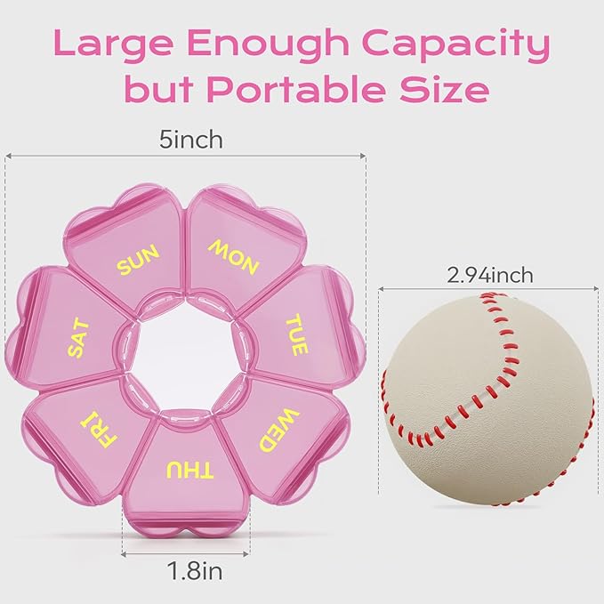 Pill Organizer Weekly - Cute Medicine Pill Organizer 7 Day, Large Daily Pill Box for Travel, SHIJOINYU Pill Dispenser Case 1 Time a Day for Medication/Supplement/Fish Oil (Pink)