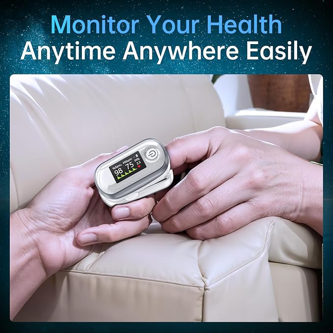 Pulse Oximeter, 4 Color OLED Display Oxygen Monitor Fingertip with 20 × Memory, Blood Oxygen Saturation Monitor (SpO2), Alarm & Brightness Adjustable, Batteries & Lanyard (White)