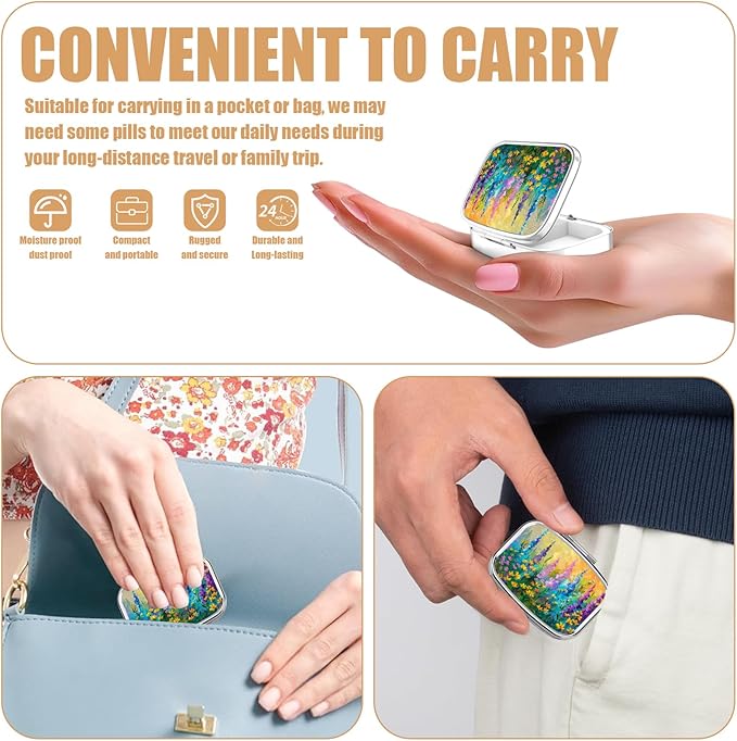 Painting Floral Pill Box-2 Compartment Small Pill Case Square Organizer Case with Mirror Portable Metal Medicine Box Travel Container for Pocket & Purse Women Men（Wildflower）