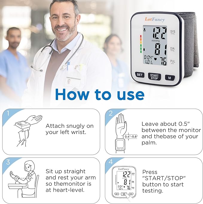 LotFancy Wrist Blood Pressure Monitor for Home Use, Automatic Blood Pressure Machine Adjustable Wrist Cuff 5.3”-8.5” Digital BP Machine with LCD Display, 120 Memory, 2 User, with Carrying Case