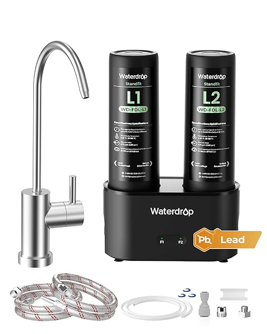 Waterdrop DLG-L Under Sink Water Filter, Reduces Chlorine Lead Chloramine Bad Taste, 2 Stage Under Sink Water Filtration System with Separate Faucet, Life Indicator, Innovative Dual Filtered Flows