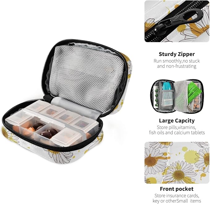 Travel Pill Organizer Weekly Small Cute Pill Box Case Holder Container Dispenser 7 Day Medicine Organizer Vitamin Holder Floral Daisy