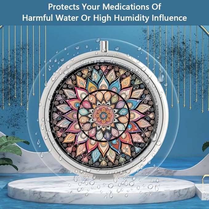 Pill Box 3 Compartment Small Pill Case,Portable for Pocket or Purse Pill Organizer Pill Container Holder to Hold Vitamins, Medication, Fish Oil and Supplements(Colorful Mandala)