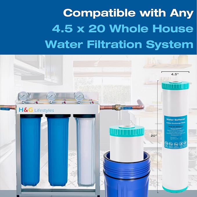 H&G Lifestyles Water Softener Cartridge,Replacement for 20x 4.5 Whole House Water Filter,Cation Ion Exchange Resin,Remove Calcium Magnesium,Compatible with 20 Inches Filter Housing