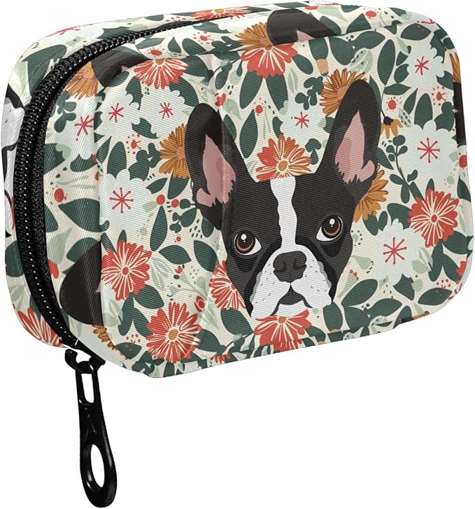 Fustylead Vivid Boston Terrier and Vibrant Flowers Pill Organizer Travel Bag, Small Portable Pill Case Cute for Vitamin Fish Oil Supplements Medicine Organizer with Zipper