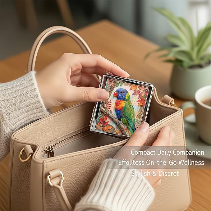 Metal 7 Day Pill Organizer, Cute Small Weekly Pill Case with 8 Compartments for Travel, Moisture-Proof Medicine Holder for Purse, Compact Daily Vitamin Box (Autumn Parrot)