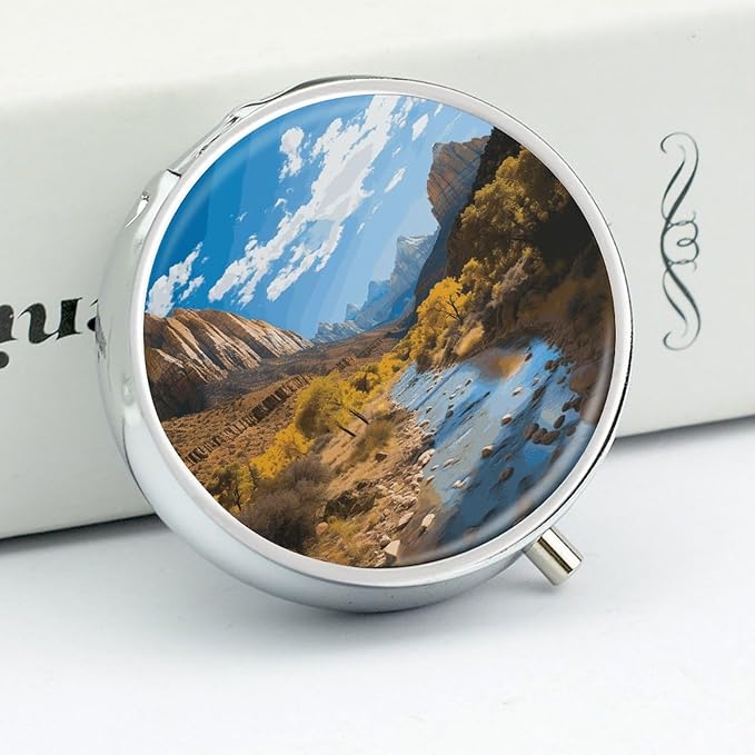 Zion National Park Pill Box Travel Pill Case for Purse Pocket Weekly Medicine Organizer with Mirror 3 Compartment Round Medicine Case Portable PillcaseHolder for Daily