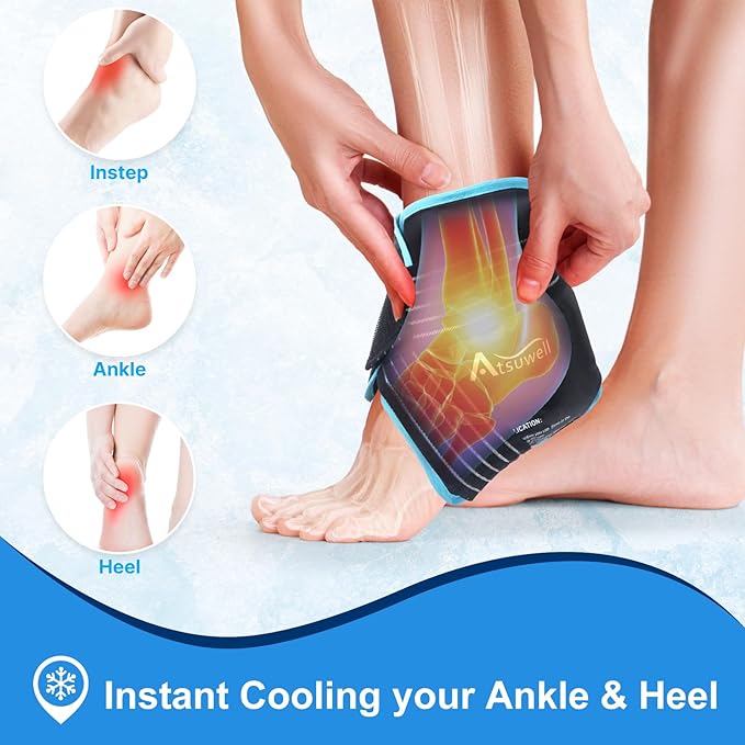 Atsuwell Ankle Ice Pack Wrap 2 Packs, Ankle Ice Wraps Flexible Gel Cold Pack for Foot Heel, Cold Compress Therapy for Soothing Discomfort, Black