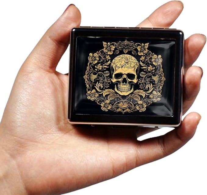 Silver Vintage Pill Box 7 Day Metal Pill Box with Mirror and 8 Compartments Cute Travel Pill Organizer for Purse (Art Flower Skull)