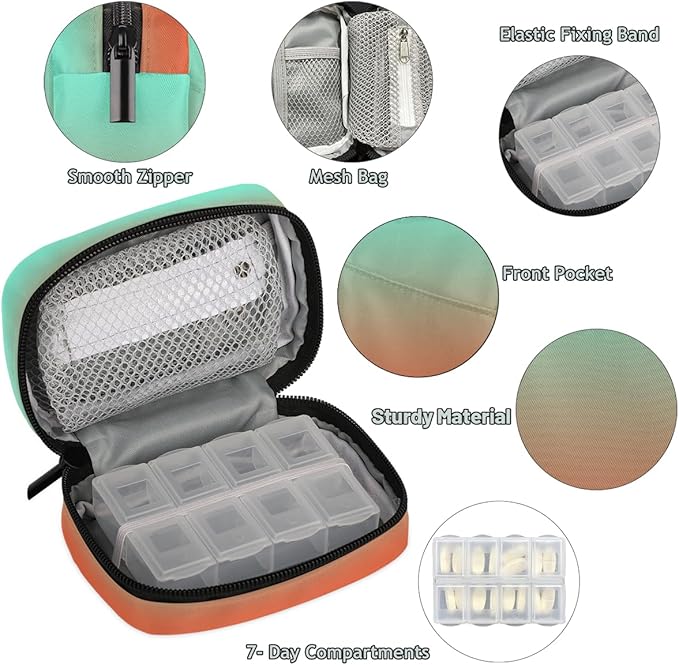 Weekly Travel Pill Organizer Case for Purse with Removable 7 Day Box Portable Compact Size Pill Box Fashionable Pill Container for Medicine Vitamin Supplement Turquoise Orange