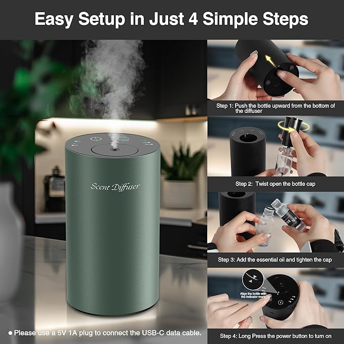 Waterless Essential Oil Diffuser Starter Kit - No Water Needed, Battery Operated Mini Scent Air Machine, Included 3x20ML Essential Oils, Portable Aromatherapy Diffuser for Home & Car & Office, Green