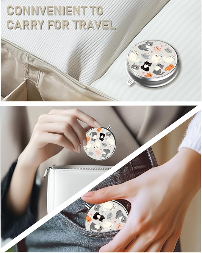 Pill Box, 3 Compartment Portable Travel Medicine Box with Mirror, Compact and Cute, Fits in Purse and Pocket, Medicine and Vitamin Organizer (Cat Family)