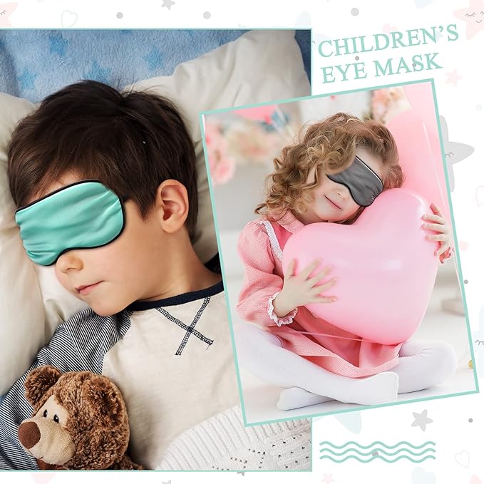 Sintege 4 Pcs Silk Eye Mask for Sleeping Kids Soft Eye Cover with Adjustable Strap Blindfold for Kids Boys Girls Christmas Travel Gift Nap Shade Blocking Light(Green, Gray)