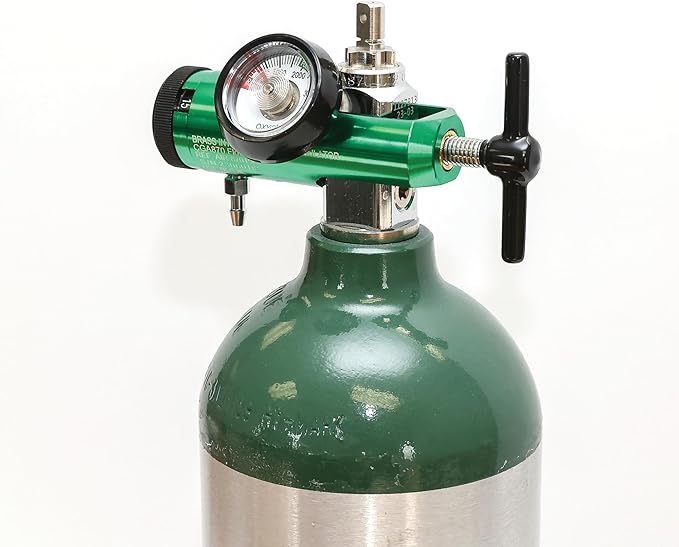AireMed Oxygen Regulator 0-15LPM, CGA-870 Gauge Flow Rate – Includes Wrench Key, 5 Brass Yoke Washer Seals, and 2 Oxygen Tubing Swivel Connectors - Ergonomic Handle Design – Green