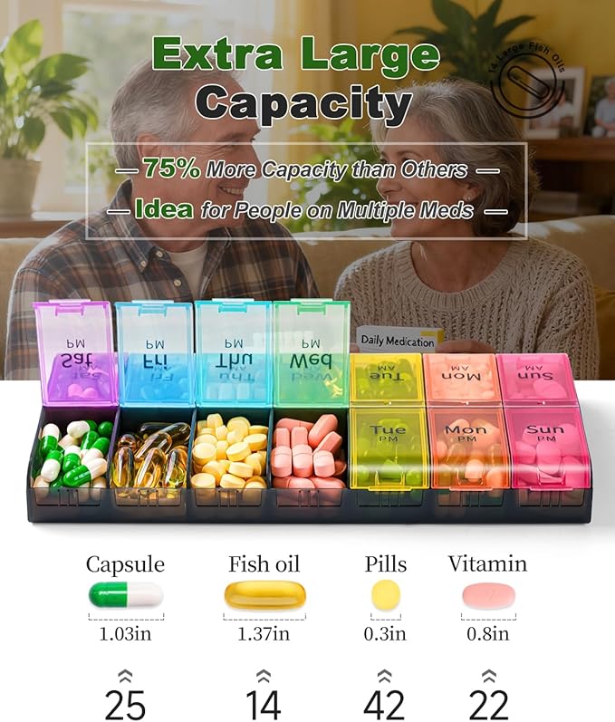 Extra Large Pill Organizer 2 Times a Day, Weekly XL AM PM Pill Case, 7 Day Pill Box Twice a Day, Oversized Daily Medicine Organizer for Vitamins, Big Pill Container, Medication Dispenser (Rainbow)