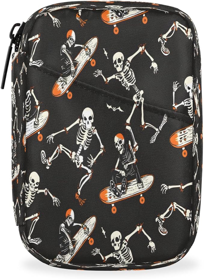 Funny Halloween Skateboard Skeleton Travel Pill Organizer Box Weekly Portable Pill Case Daily Pills 7 Day Small Birth Control Pills Container Removable Compartments for Medicine Vitamins Fish Oil