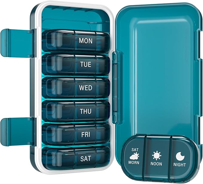 Vikie Weekly Pill Organizer 3 Times a Day with Morn NOON Night Sections, BPA-Free, Portable & Moisture-Proof for Pills, Vitamins, Supplements (3x7 Blue)