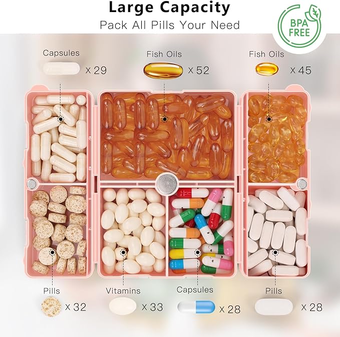 FYY Daily Pill Organizer,2 Pcs 7 Compartments Portable Pill Case Travel Pill Organizer,[Folding Design] Pill Box for Purse Pocket to Hold Vitamins,Cod Liver Oil,Supplements and Medication-Pink+Navy