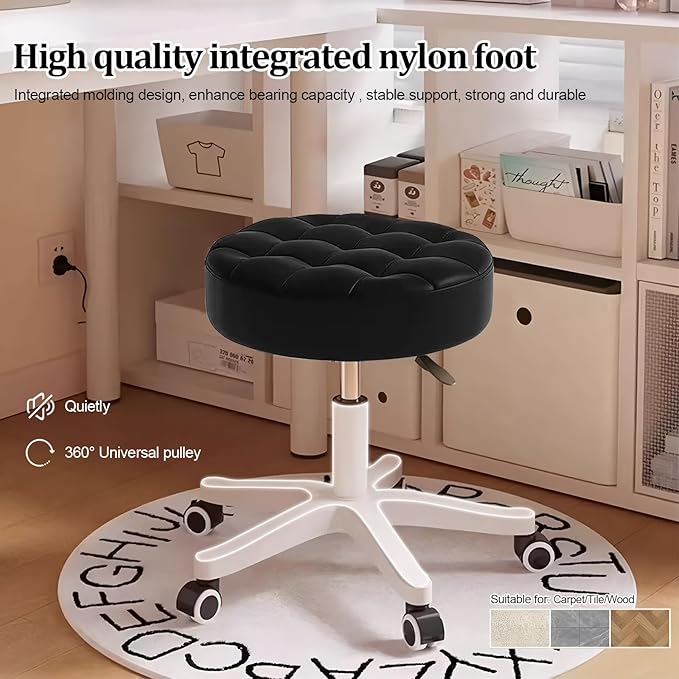 Small Rolling Stool with Wheels, PU Leather Height Adjustable Vanity Work Task Stool, 360 Swivel, Padded Seat Cushion,for Salon, Home, Office