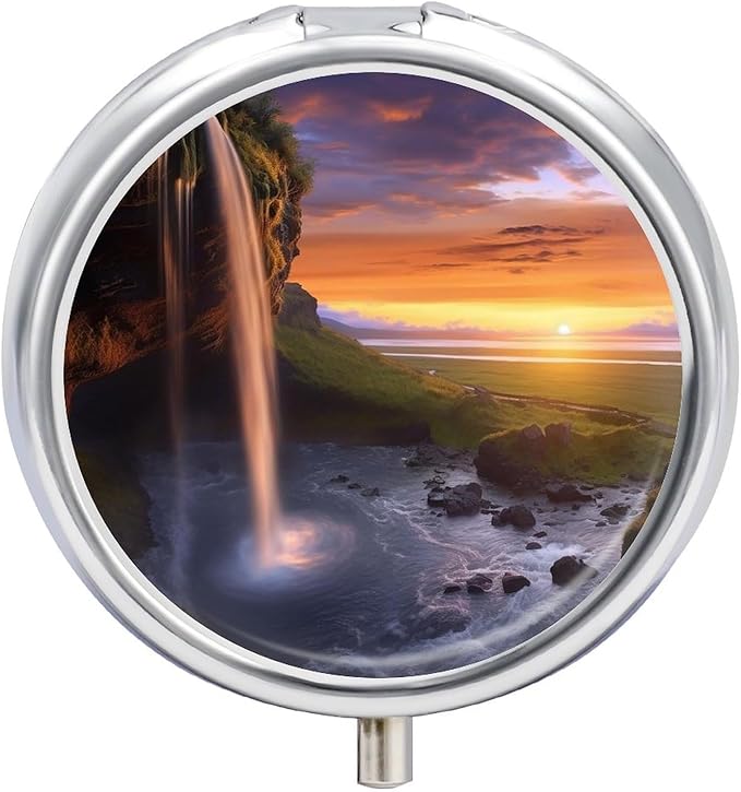 Waterfall at Sunset Pill Box 3 Compartment Small Pill Case Portable Pill Box for Pocket Or Purse Round Metal Pill Box Cute Medicine Organizer Holder to Hold Vitamins Medication