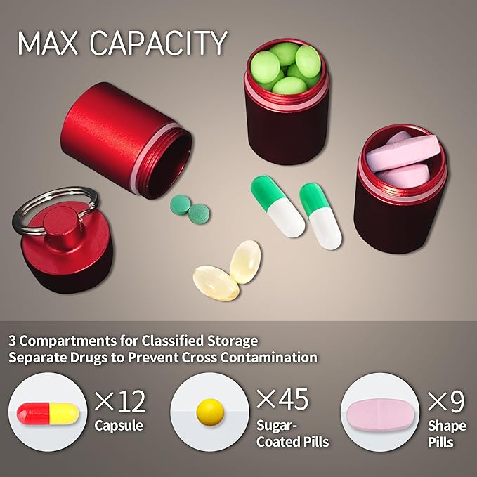 Pill Box Keychain, Aluminum Alloy, Waterproof Compact Pill Organizer for Emergency Pills & Vitamins, Portable Keyring Necklace Holder, Travel Hiking Essentials, 3 Compartments, Red