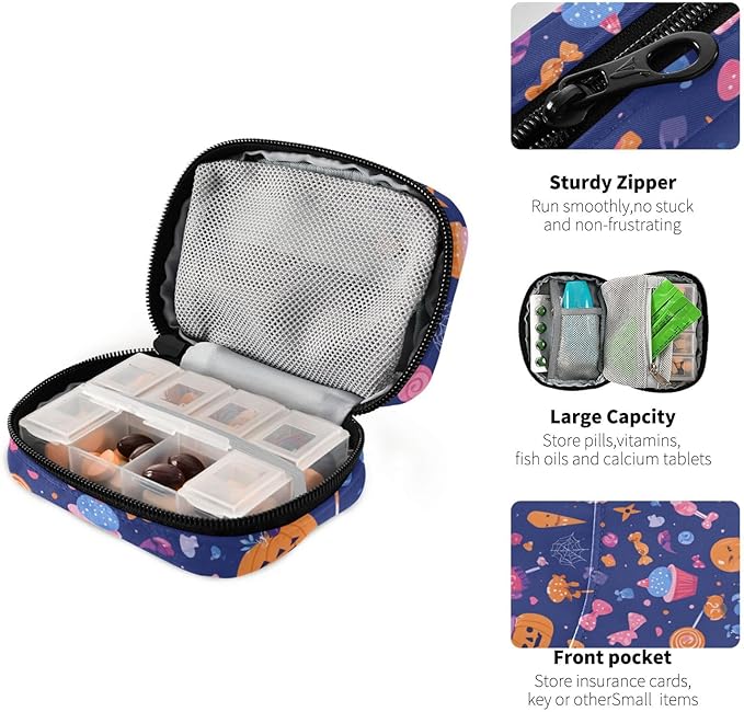 Candy Halloween Pumpkin Travel Pill Organizer Case Box Container Weekly Portable Vitamin Medicine Holder Storage Bag with Zipper Removable