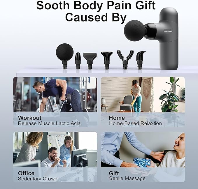 Morelax Mini Massage Gun, Percussion Muscle Massager for Back Pain Relief, Compact Sports Travel Massage Gun with 6 Massage Heads 4 Speeds, Gift for Her, Home, Athletes