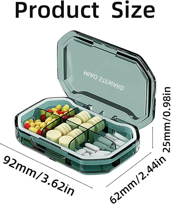 Portable Pill Organizer Waterproof Airtight BPA-Free Compact Easy-to-Carry Travel Daily Use On-The-Go Vitamins Supplements Medication Herb Pill Box Green Size 3.62×2.44×0.98 in