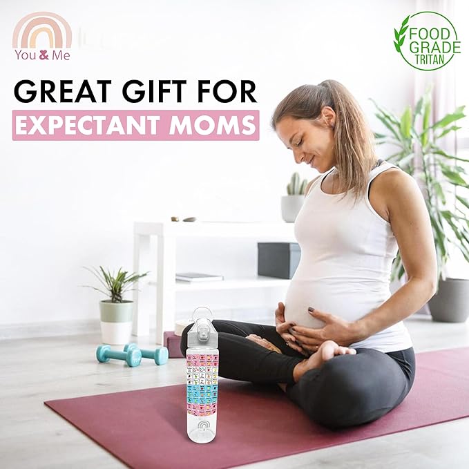 You & Me Pregnancy Water Bottle (32 oz) with Carry Sleeve – Hydration Tracker for Expecting Moms, Milestone Stickers (Pink/Blue/Neutral), BPA-Free, Covered Straw Lid – Gift for Pregnancy & New Moms