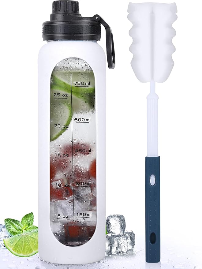 GIEMIT Glass Water Bottles 32oz with Silicone Sleeve Drinking Hydration Bottles Reusable Borosilicate Wide Mouth Motivational Water Flask Canteen with Time Marker Spout Lid and Brush (White - 32 oz)