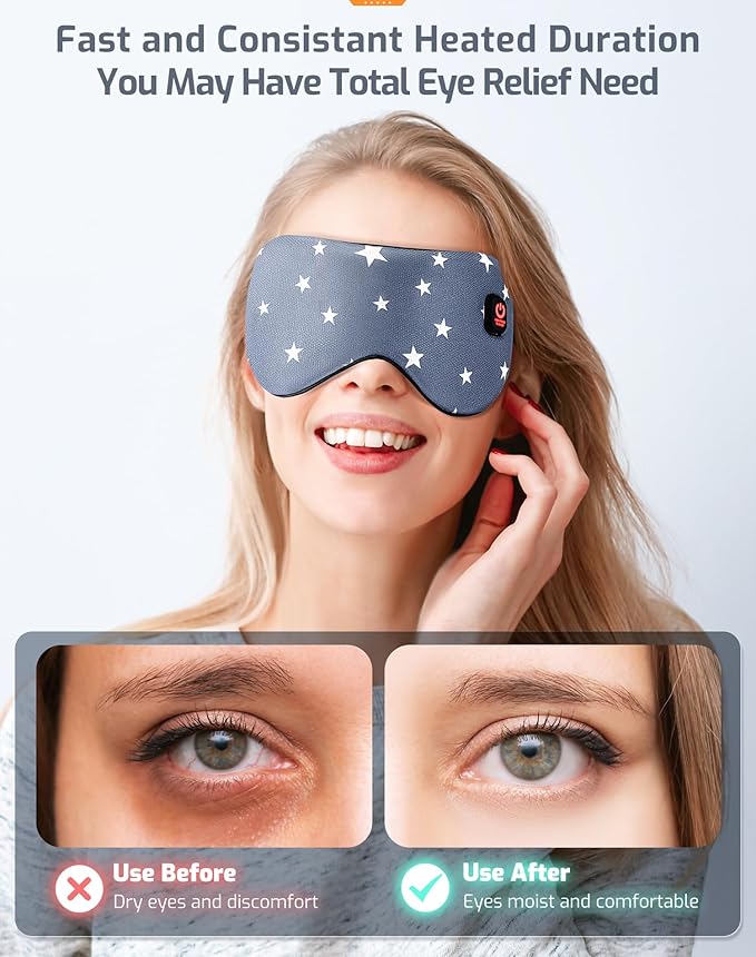 Heated Eye Mask-Cordless Warm Eye Compress Heated Eye Mask for Dry Eyes, Blepharitis,Light Blocking Heat Eye Mask for Men Women, Electric Warm Eye Mask for Airplane Sleeping for Travel (Gray Star)