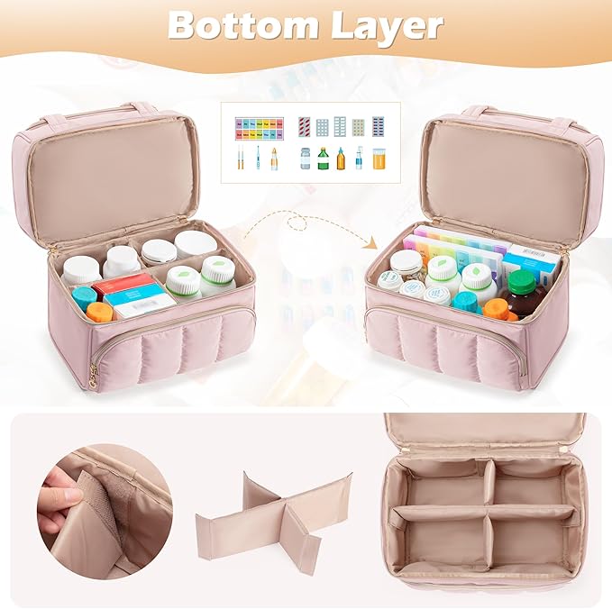 Damero Double Layers Medicine Bottle Organizer, Lockable Pill Bottle Organizer Medicine Bag with Lockable Zipper and Detachable Dividers for Medication, Vitamins or Medical Supplements, Pink