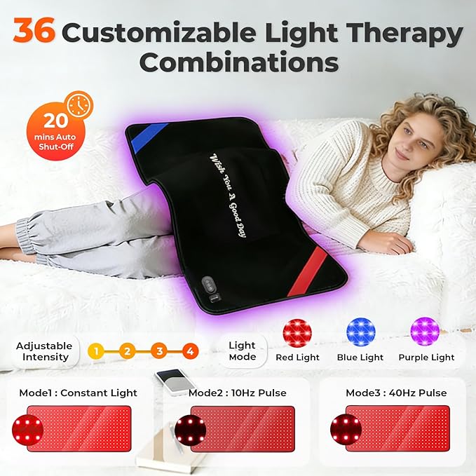 Red & Blue Light Therapy Mat for Body 33"×17" – 360 LEDs Infrared Light Pad (460nm + 660nm + 850nm) for Back, Waist, Knees & Joints Pain Relief, 60W Red Light Therapy Panel, Ideal Gift for Men & Women