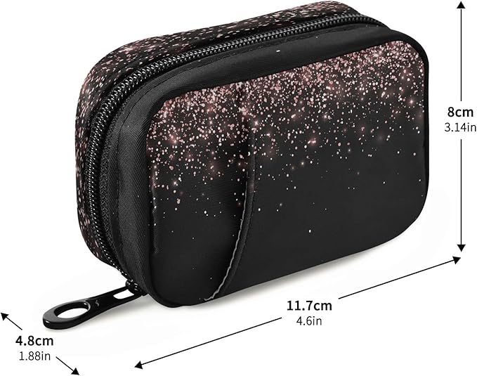 Rose Gold Black Glitter Pill Organizer Case 7 Day Travel Pill Box with Zipper Portable Weekly Vitamin Medicine Supplement Holder Pouch Bag