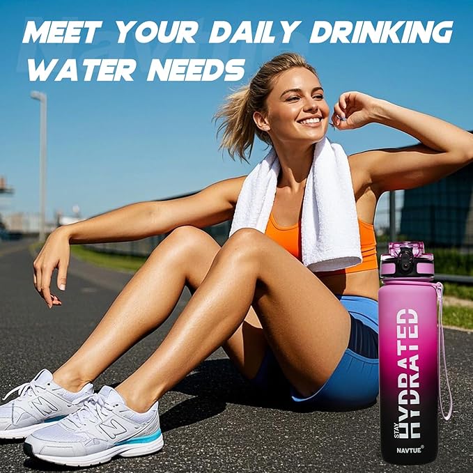 Water Bottle, 32 oz Sports Water Bottles with Time Marker Wide Mouth, Motivational and Leakproof Drink Bottle, BPA Free Tritan with Carry Strap for Gym Fitness Outdoor(1 Bottle)